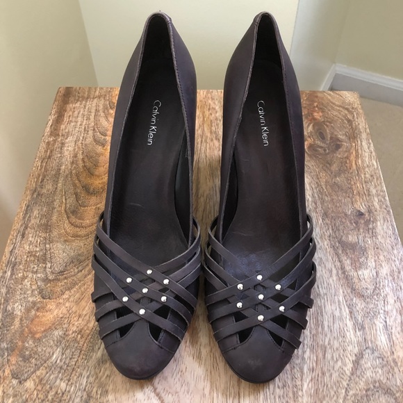 Calvin Klein Junya brown leather braided heels 10 - Picture 2 of 8